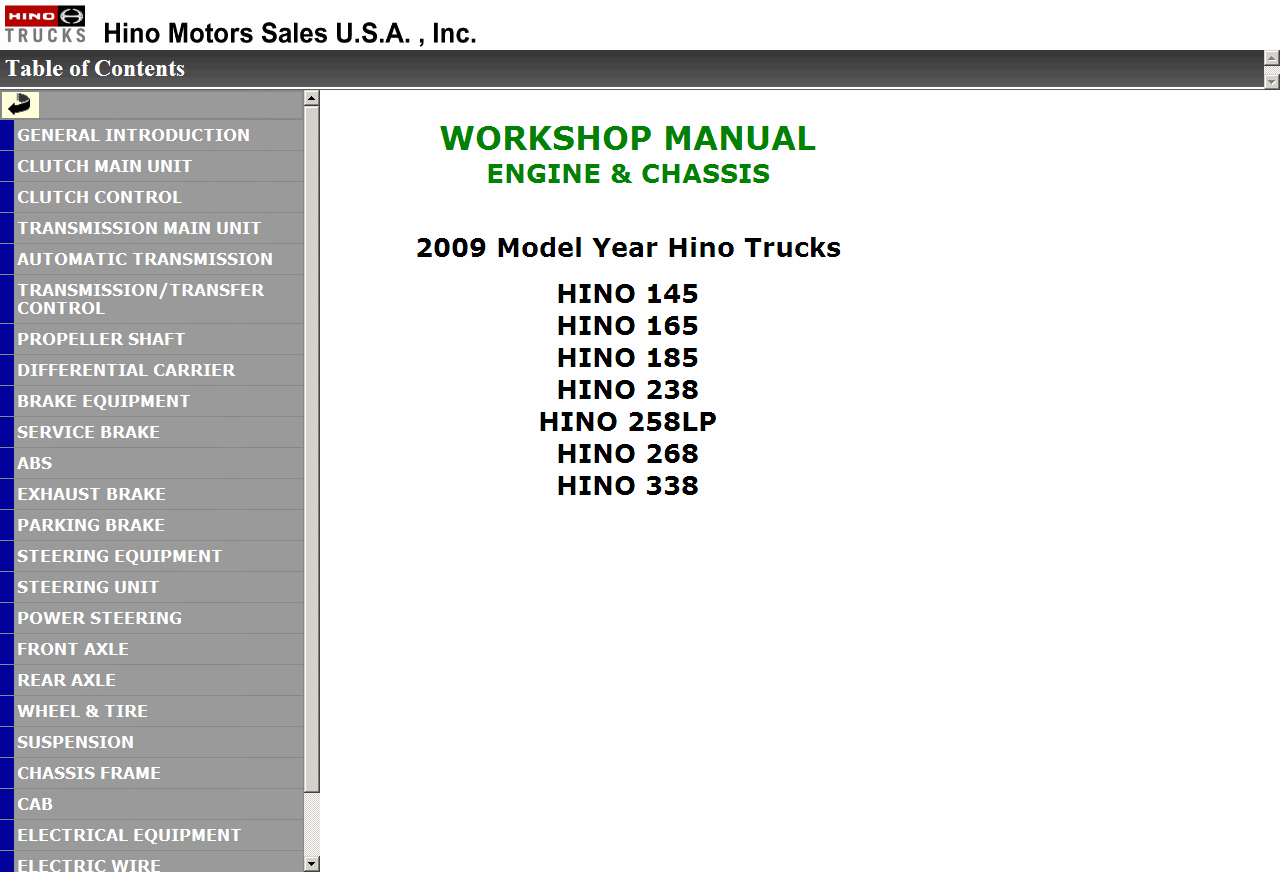 Hino Workshop Manual 2010 - 145, 165, 185, 238, 258LP, 268, 338, HTML, Chassis workshop manuals